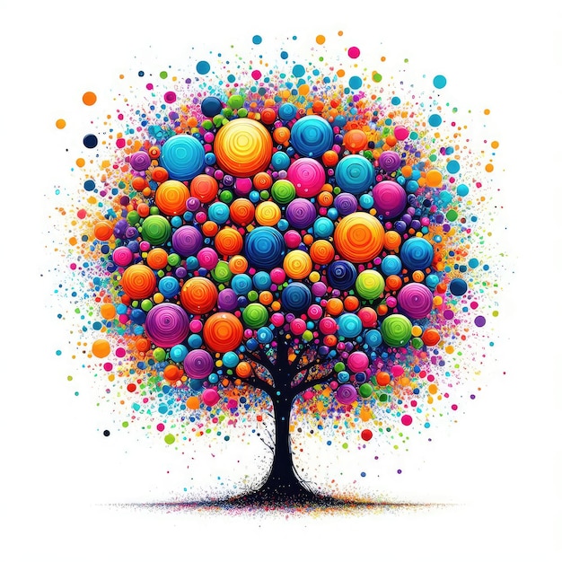 Foto uma árvore com pontos coloridos e a palavra 