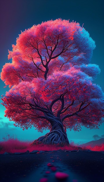 Uma árvore com rosa no meio do campo generativo ai