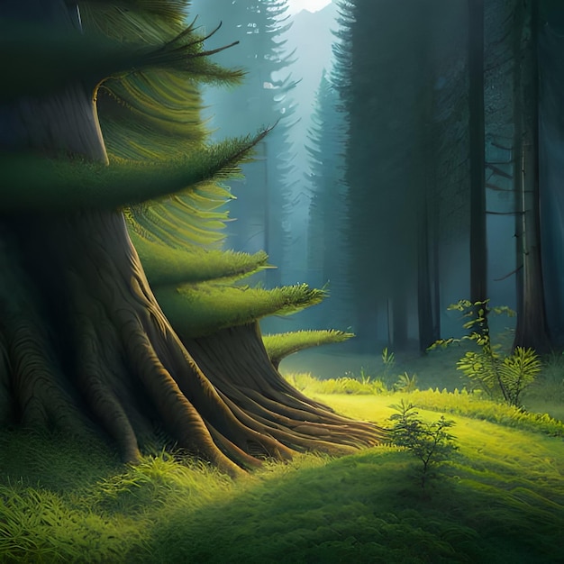 Uma árvore com samambaias crescendo nela Uma pintura de uma floresta com uma cena de floresta ao fundo