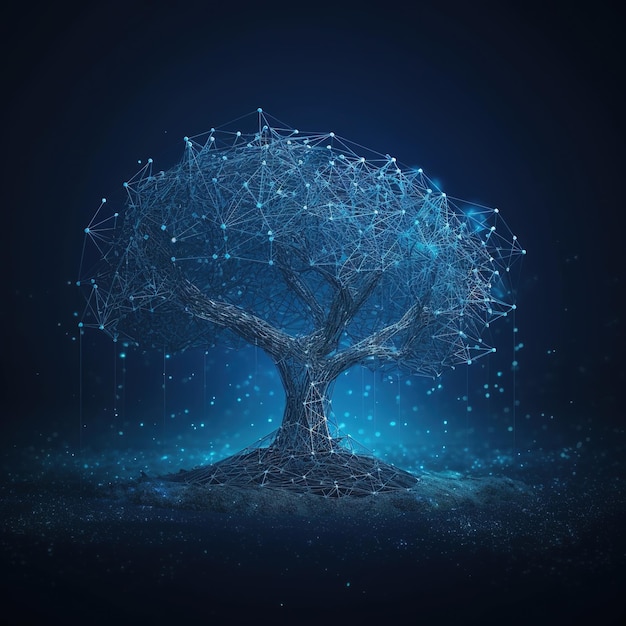 Uma árvore com um fundo azul e uma rede de pontos.