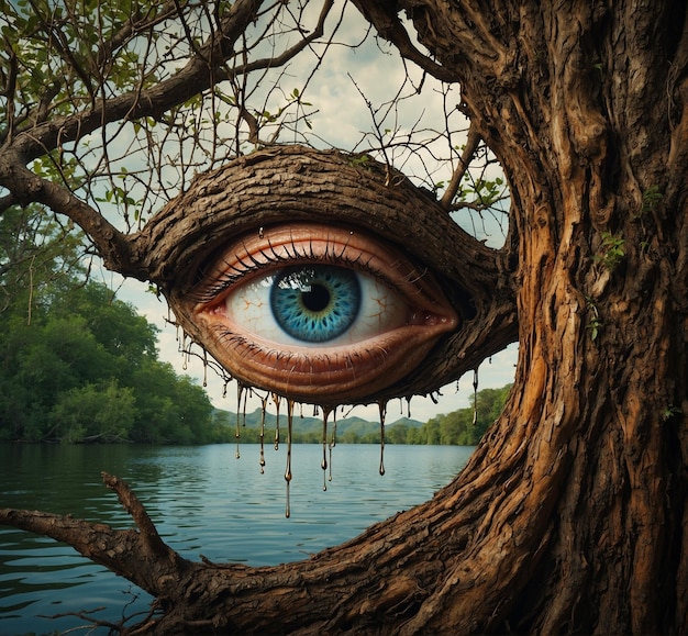 Foto uma árvore com um olho azul e o olho de uma árvore