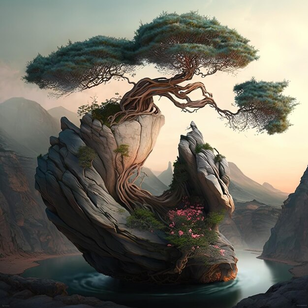 uma árvore com um pássaro nela está em uma rocha