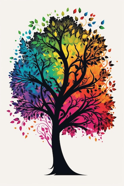 Uma árvore com uma árvore colorida do arco-íris na parte inferior.