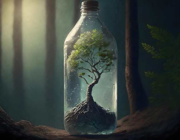 uma árvore crescendo dentro de uma garrafa de plástico