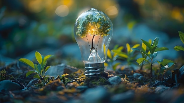 Uma árvore crescendo em uma lâmpada de energia eficiente simbolizando energia sustentável Conceito Energia Sustentável Eficiência Energética Simbolismo Tecnologia Verde Integração com a Natureza