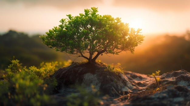 Uma árvore crescendo em uma rocha ao sol