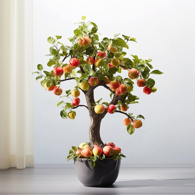 Uma árvore de bonsai com maçãs está em uma panela em um piso de madeira.