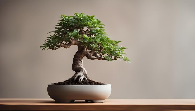 Foto uma árvore de bonsai é exibida em uma mesa