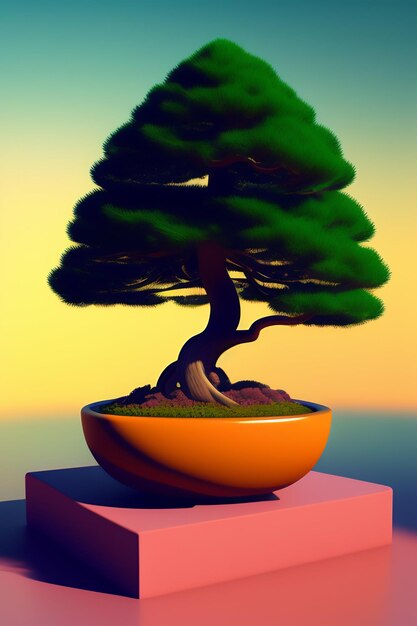 Uma árvore de bonsai em uma panela com fundo amarelo