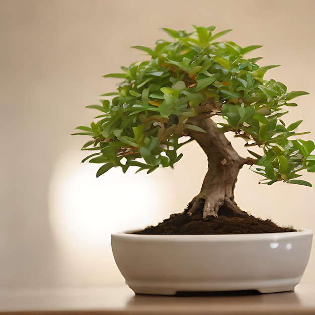 uma árvore de bonsai em uma tigela com uma tigela branca na mesa