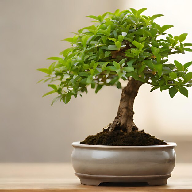 uma árvore de bonsai está em uma panela branca em uma mesa