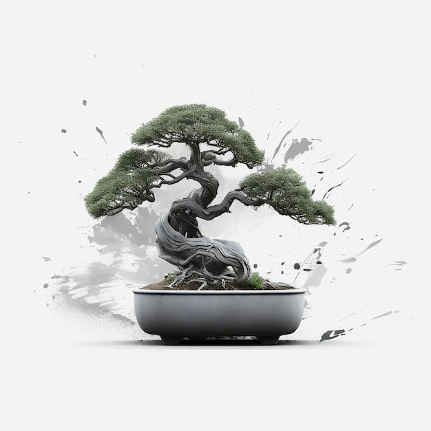 Foto uma árvore de bonsai está em uma panela com fundo branco.