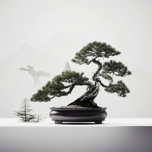 Uma árvore de bonsai está em uma panela com uma montanha ao fundo.