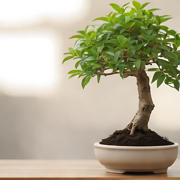 uma árvore de bonsai está em uma tigela em uma mesa