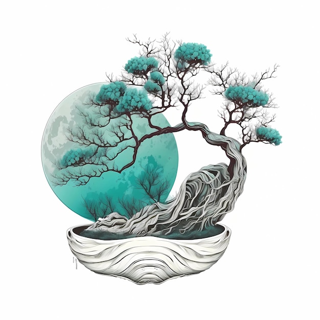 Uma árvore de bonsai verde-azul com lua cheia e brilhante