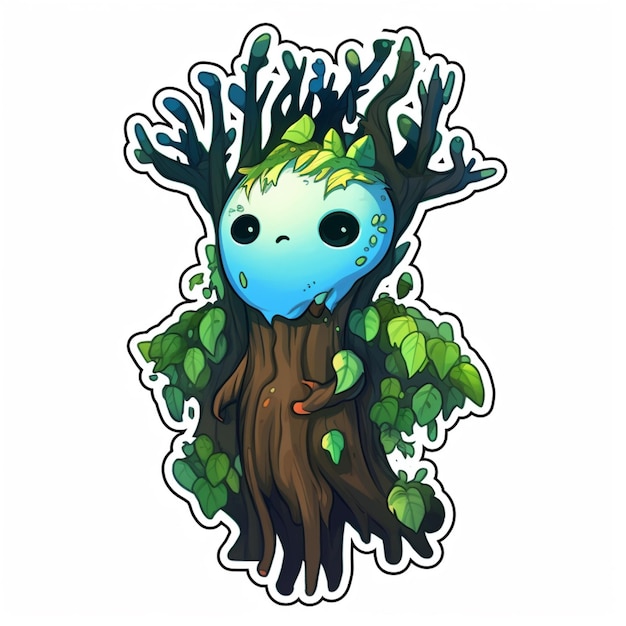 uma árvore de desenho animado com um rosto azul e folhas verdes generativa ai