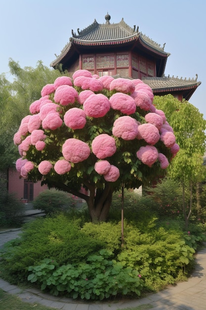 Foto uma árvore de flor rosa no jardim do jardim chinês em pequim.