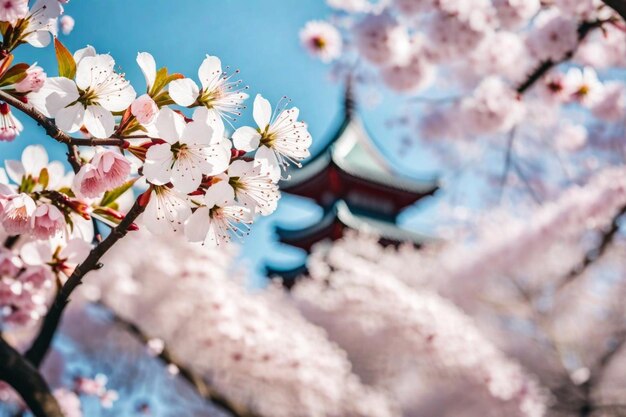 uma árvore de flores de cereja com um pagode no fundo