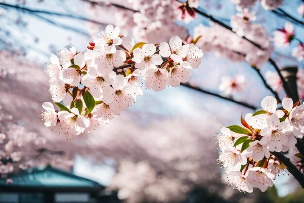 uma árvore de flores de cereja com uma casa ao fundo