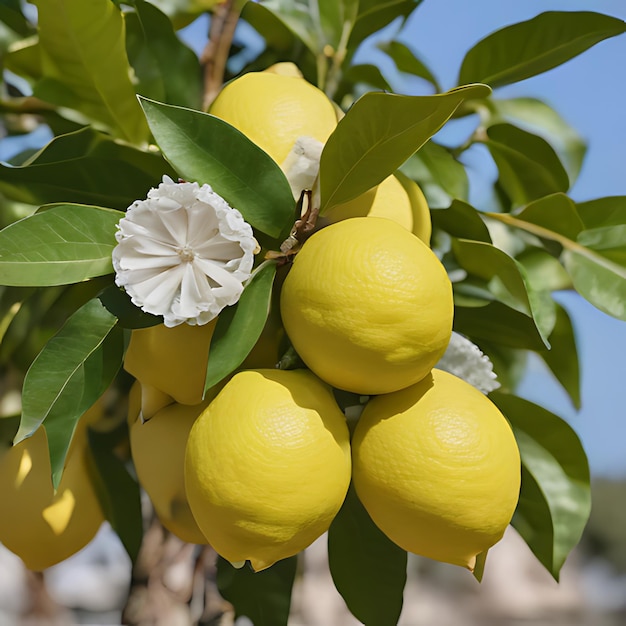 uma árvore de limão com uma flor nela e uma flor nela