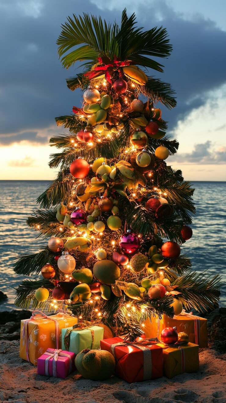 Foto uma árvore de natal adornada com luzes festivas e presentes em uma praia tropical ao pôr do sol imagem vertical