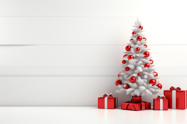 uma árvore de Natal branca com ornamentos vermelhos e presentes