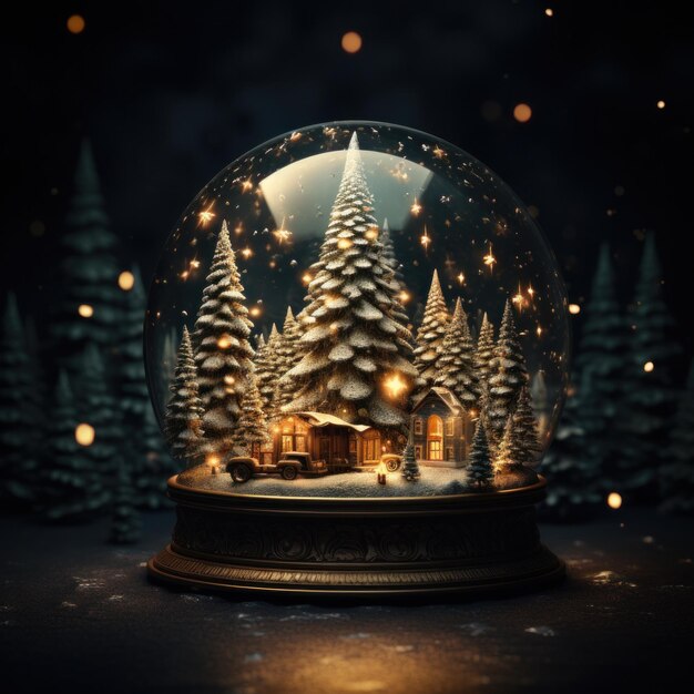 Uma árvore de Natal brilhando dentro de um globo de neve