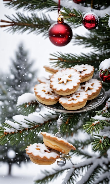 Uma árvore de Natal com biscoitos e ornamentos