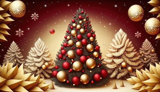 Uma árvore de natal com enfeites de ouro e vermelhos e uma estrela de ouro na parte inferior