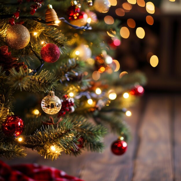 uma árvore de Natal com luzes e ornamentos