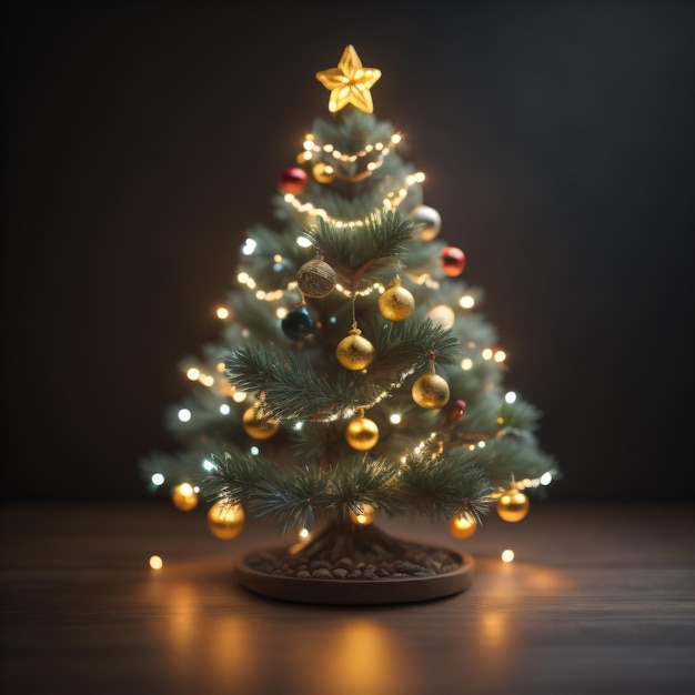 Uma árvore de natal com luzes e uma estrela nela
