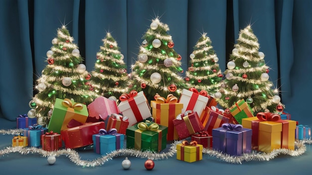 Uma árvore de Natal com muitos presentes e uma árvore de natal ao fundo