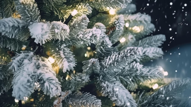 Uma árvore de natal com neve nos galhos