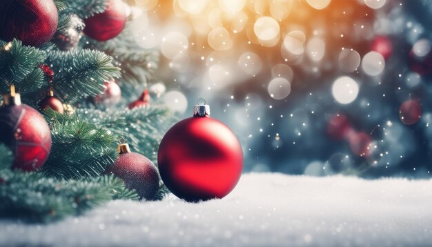 Uma árvore de Natal com ornamentos e um ornamento de bola vermelha