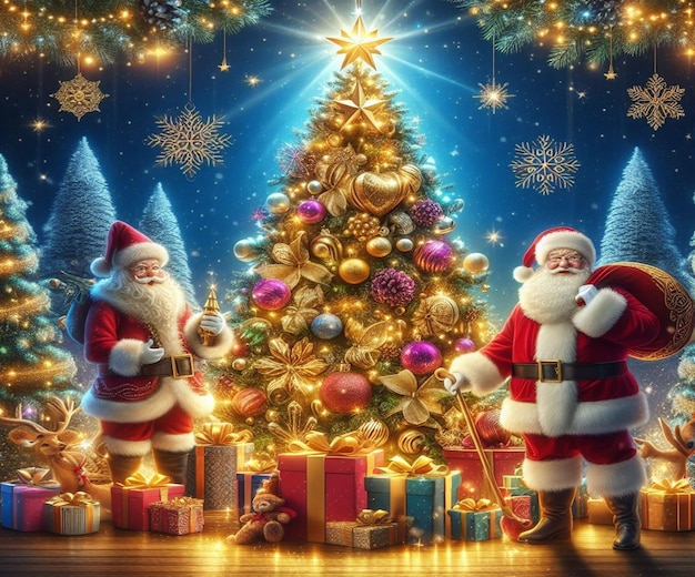 uma árvore de Natal com Papai Noel e Papai Noel