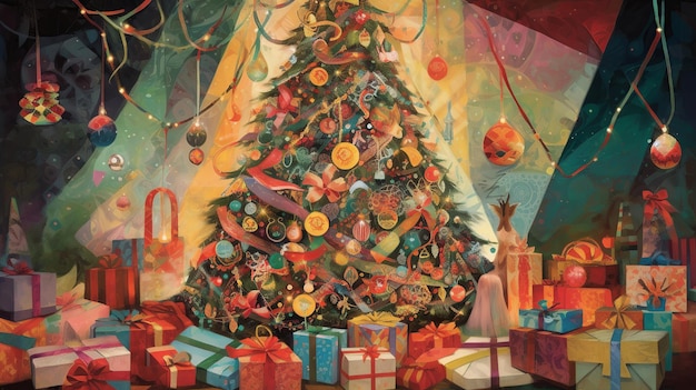 Uma árvore de natal com presentes debaixo dela e um fundo colorido.