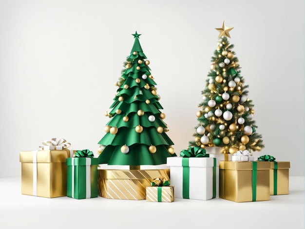 Uma árvore de Natal com presentes dourados e verdes e uma árvore de natal verde