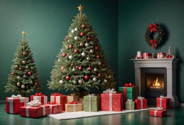 uma árvore de Natal com presentes e presentes na frente de uma lareira