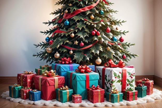 uma árvore de Natal com presentes e presentes na frente dela