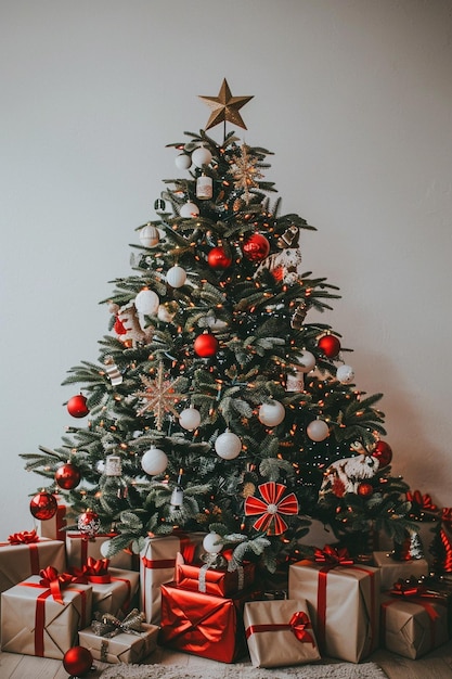 uma árvore de Natal com um arco vermelho e uma estrela nele