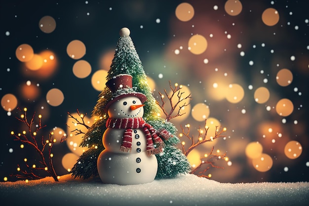 Uma árvore de Natal com um fundo bokeh e um boneco de neve com um sino