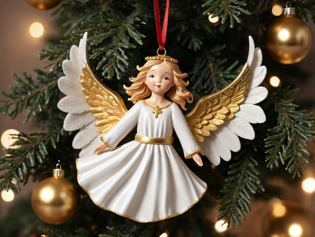 Uma árvore de Natal com um nome de anjo dourado