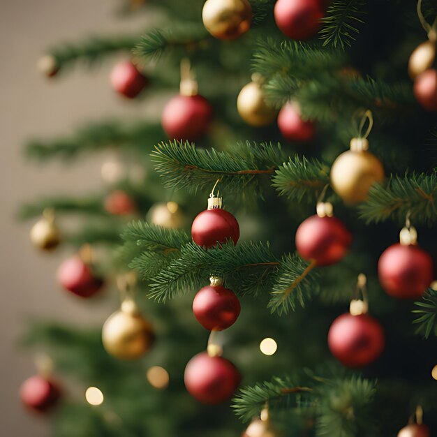 uma árvore de Natal com uma bola vermelha e dourada e uma árvore verde de Natal