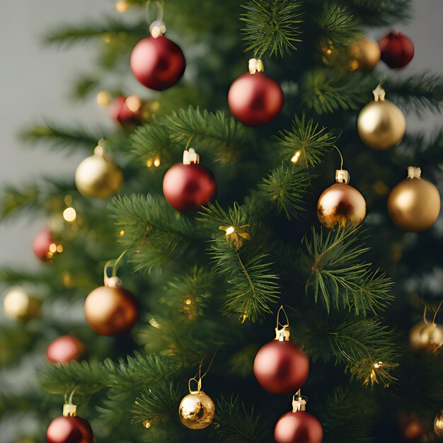 Foto uma árvore de natal com uma bola vermelha e ornamentos de ouro