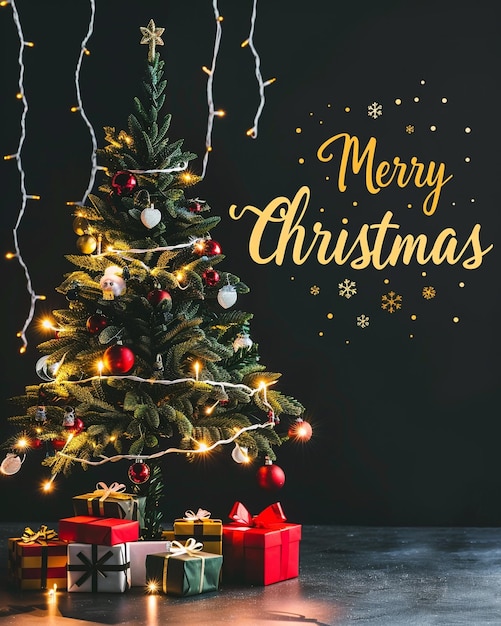 uma árvore de Natal com uma borda dourada e uma caixa vermelha com as palavras " Feliz Natal "