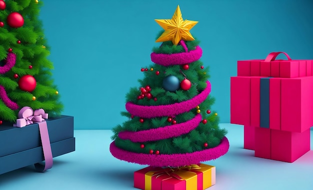 Uma árvore de Natal com uma estrela e apresenta um fundo colorido