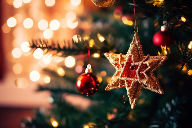 Uma árvore de Natal com uma estrela estrelas e ornamentos vermelhos