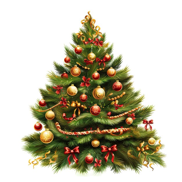uma árvore de Natal com uma fita de ouro e uma fita vermelha