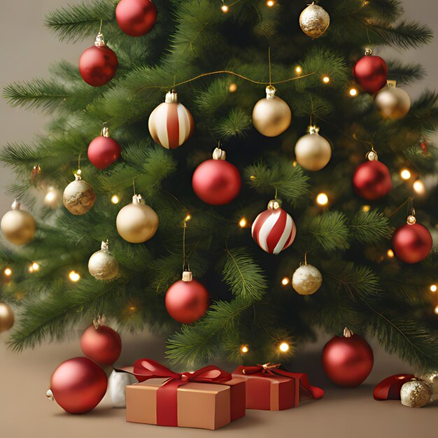 uma árvore de Natal com uma fita vermelha e um laço branco