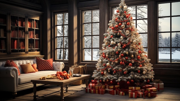 Uma árvore de Natal com uma fita vermelha e uma caixa de presentes.